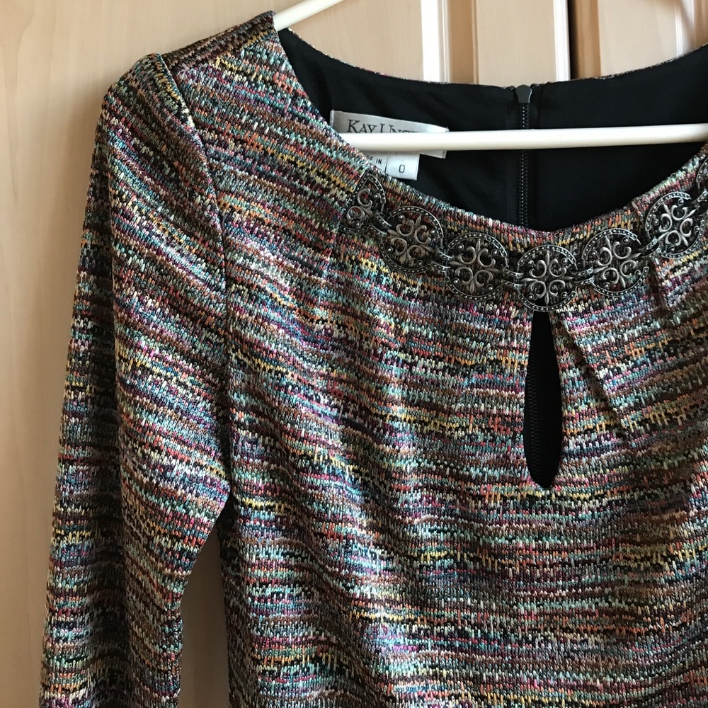Kay Unger Dress embellished neckline multicolor thick lush fabric EUC
